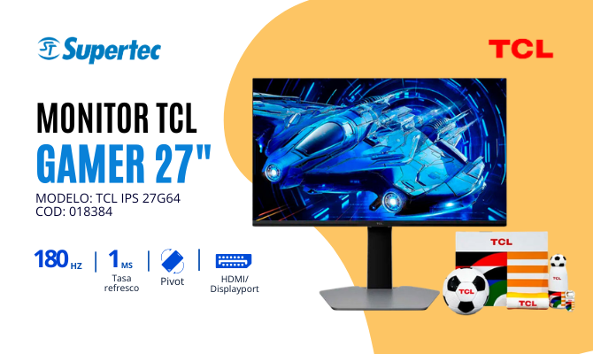 MONITOR GAMING TCL IPS 27G64 QHD QD-MINI LED 180HZ/ 1MS DP PIVOTE 27
